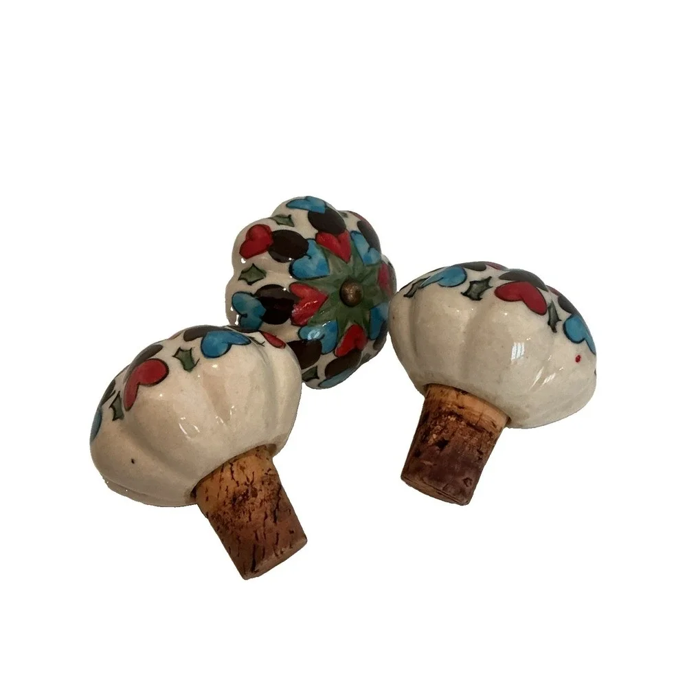 Ceramic Glazed Hearts Cork Wine Bottle Stopper Lot of 3